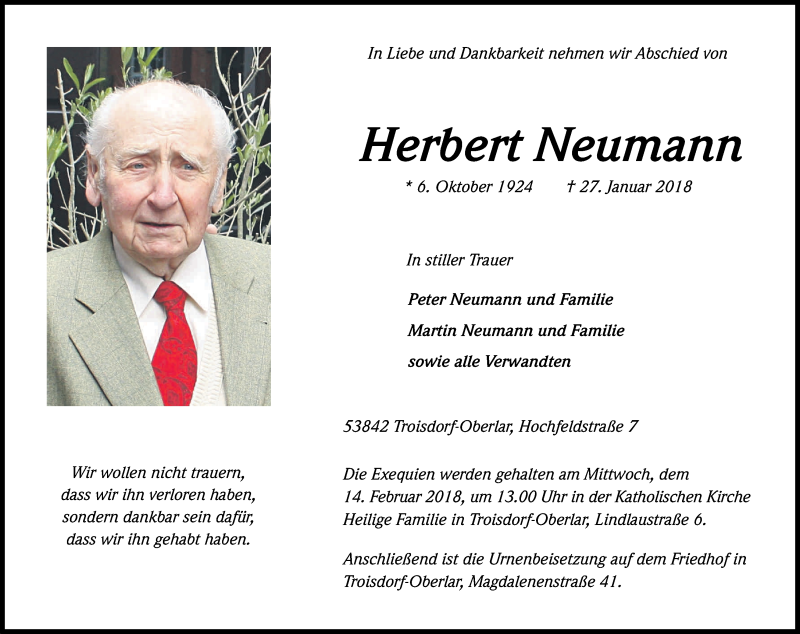  Traueranzeige für Herbert Neumann vom 07.02.2018 aus Kölner Stadt-Anzeiger / Kölnische Rundschau / Express