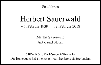 Anzeige von Herbert Sauerwald von Kölner Stadt-Anzeiger / Kölnische Rundschau / Express