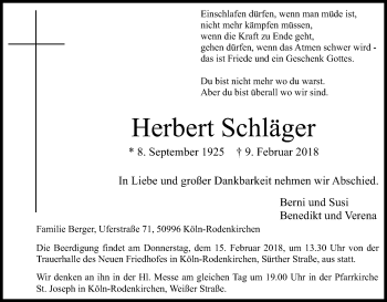 Anzeige von Herbert Schläger von Kölner Stadt-Anzeiger / Kölnische Rundschau / Express