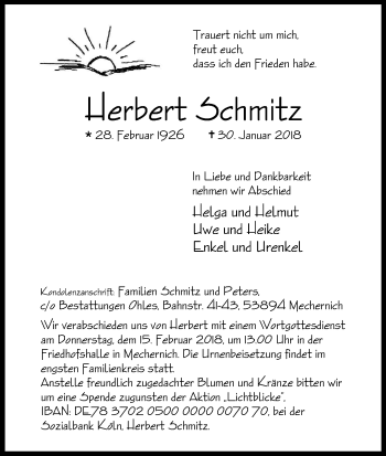 Anzeige von Herbert Schmitz von Kölner Stadt-Anzeiger / Kölnische Rundschau / Express