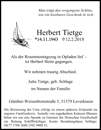 Anzeige von Herbert Tietge von Kölner Stadt-Anzeiger / Kölnische Rundschau / Express