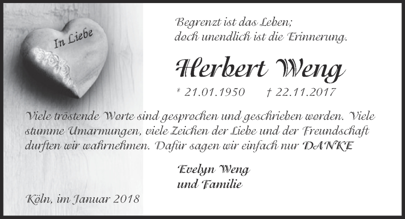  Traueranzeige für Herbert Weng vom 31.01.2018 aus  Kölner Wochenspiegel 