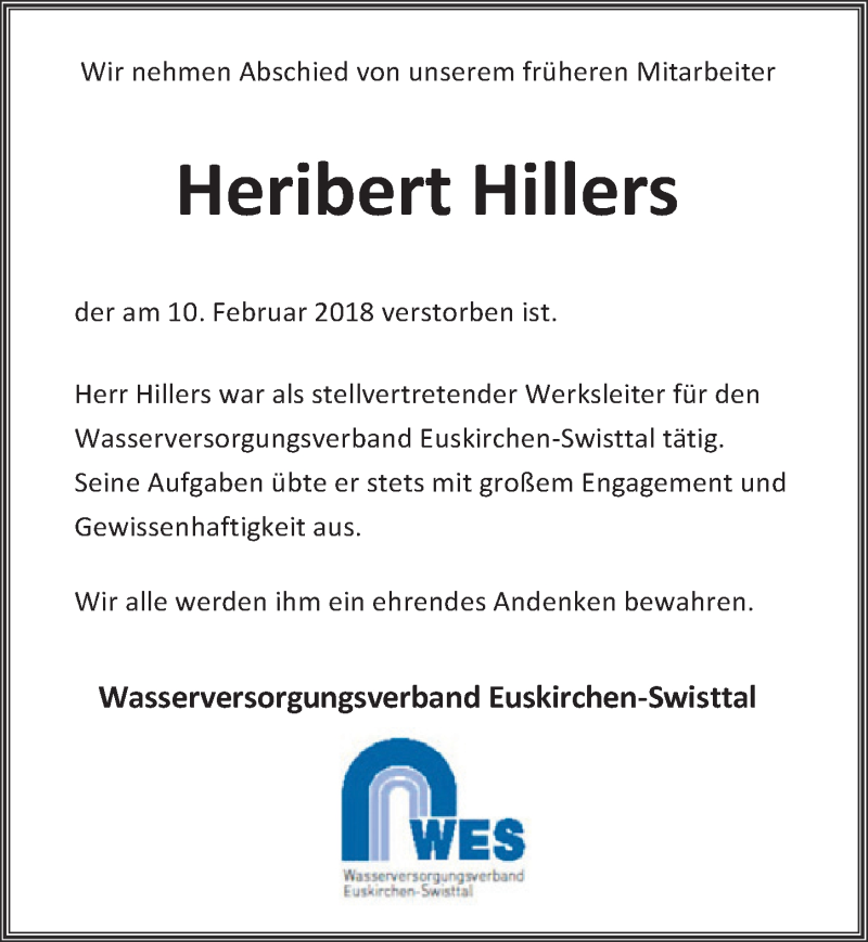  Traueranzeige für Heribert Hillers vom 24.02.2018 aus  Blickpunkt Euskirchen 