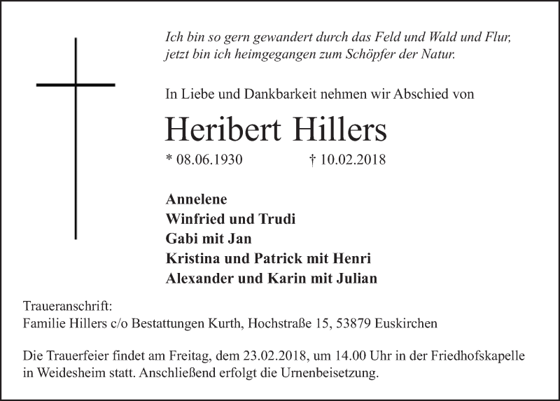  Traueranzeige für Heribert Hillers vom 17.02.2018 aus  Blickpunkt Euskirchen 