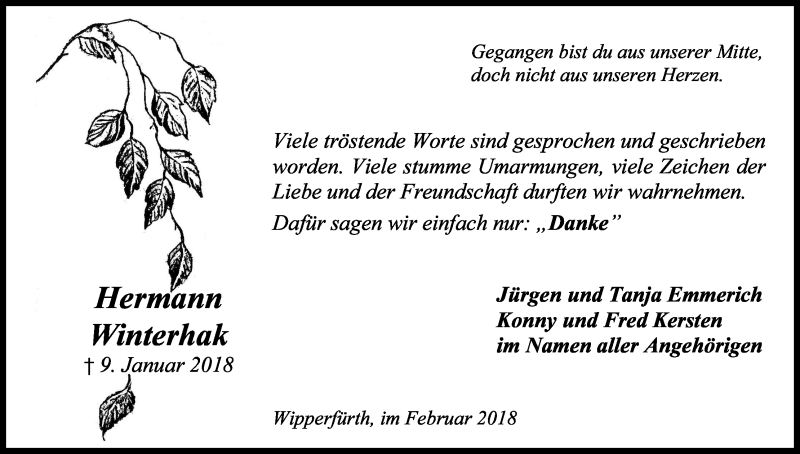  Traueranzeige für Hermann Winterhak vom 10.02.2018 aus Kölner Stadt-Anzeiger / Kölnische Rundschau / Express