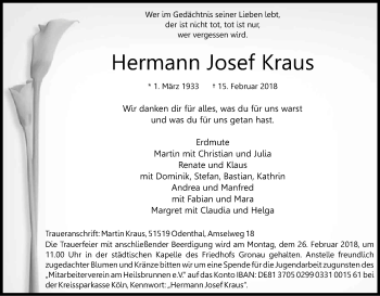 Anzeige von Hermann Josef Kraus von Kölner Stadt-Anzeiger / Kölnische Rundschau / Express
