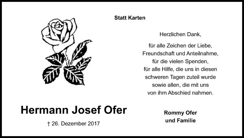  Traueranzeige für Hermann Josef Ofer vom 07.02.2018 aus Kölner Stadt-Anzeiger / Kölnische Rundschau / Express