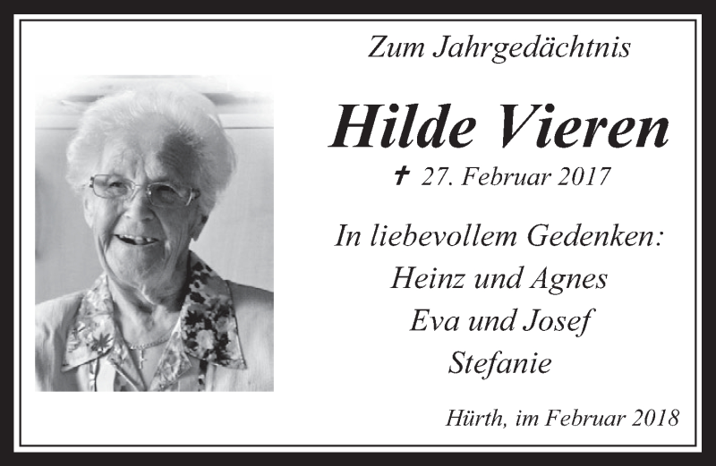  Traueranzeige für Hilde Vieren vom 28.02.2018 aus  Wochenende 