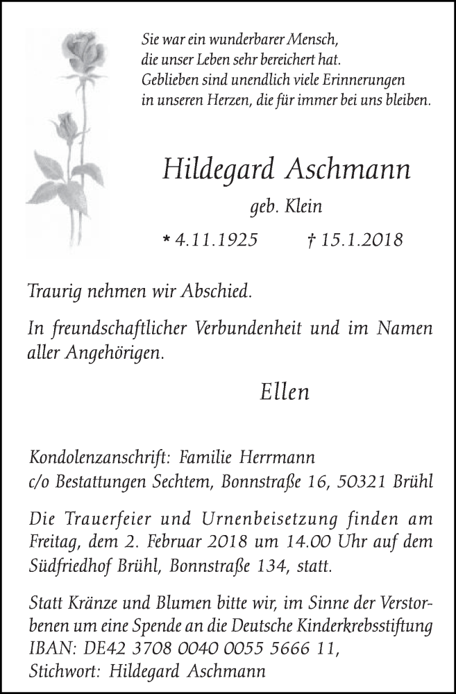  Traueranzeige für Hildegard Aschmann vom 31.01.2018 aus  Schlossbote/Werbekurier 