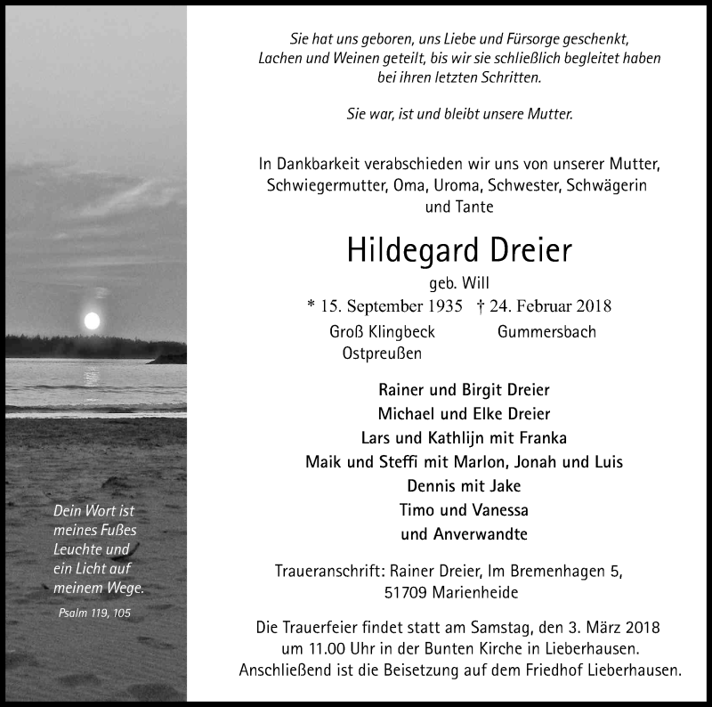  Traueranzeige für Hildegard Dreier vom 28.02.2018 aus Kölner Stadt-Anzeiger / Kölnische Rundschau / Express