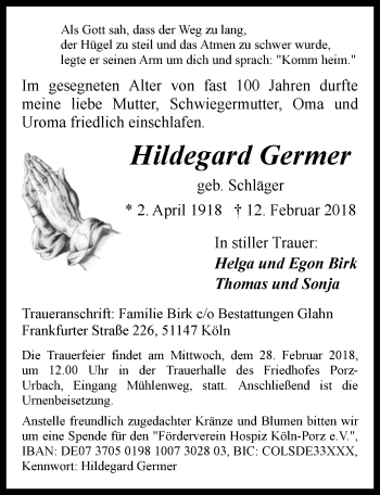 Anzeige von Hildegard Germer von  Kölner Wochenspiegel 