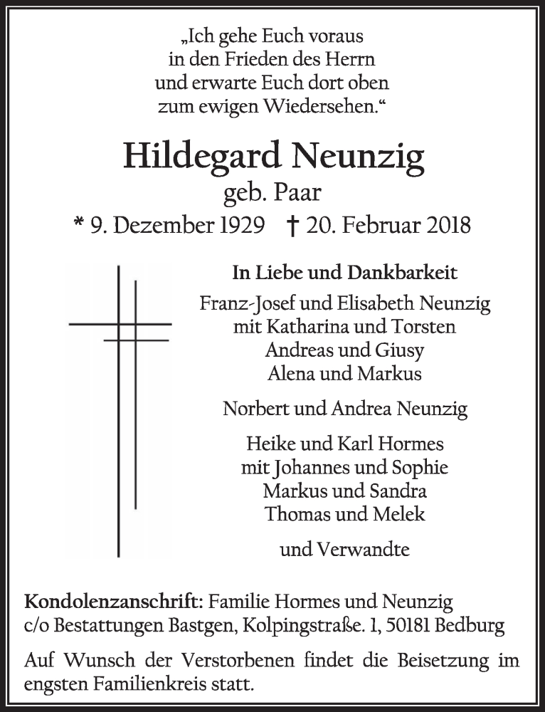 Traueranzeige für Hildegard Neuzig vom 24.02.2018 aus  Sonntags-Post 