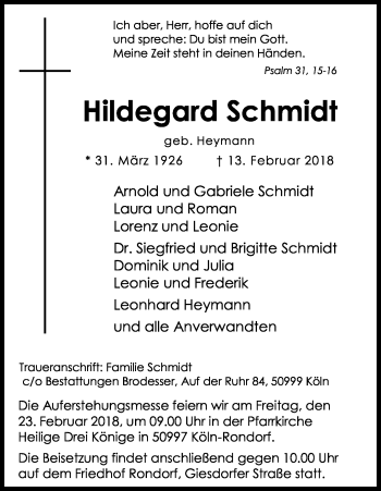 Anzeige von Hildegard Schmidt von Kölner Stadt-Anzeiger / Kölnische Rundschau / Express