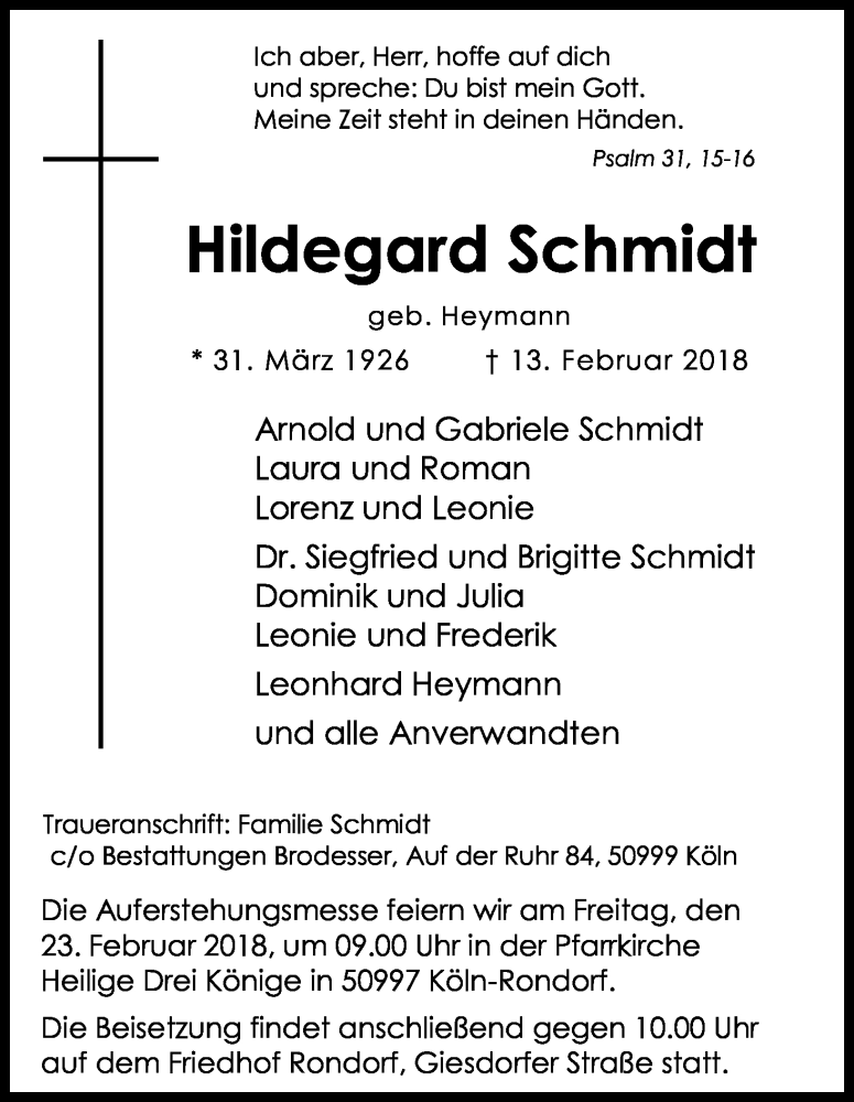  Traueranzeige für Hildegard Schmidt vom 21.02.2018 aus Kölner Stadt-Anzeiger / Kölnische Rundschau / Express