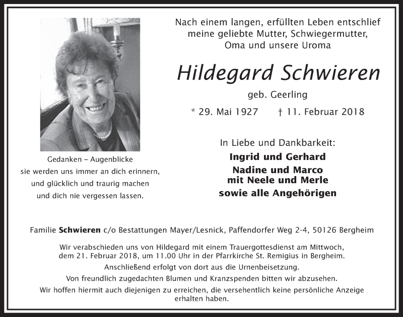  Traueranzeige für Hildegard Schwieren vom 17.02.2018 aus  Sonntags-Post 
