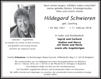 Anzeige von Hildegard Schwieren von  Sonntags-Post 