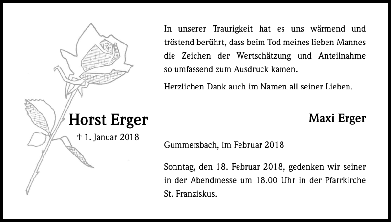  Traueranzeige für Horst Erger vom 17.02.2018 aus Kölner Stadt-Anzeiger / Kölnische Rundschau / Express