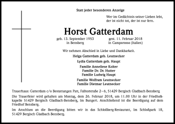 Anzeige von Horst Gatterdam von Kölner Stadt-Anzeiger / Kölnische Rundschau / Express