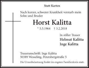 Anzeige von Horst Kalitta von  Schlossbote/Werbekurier 