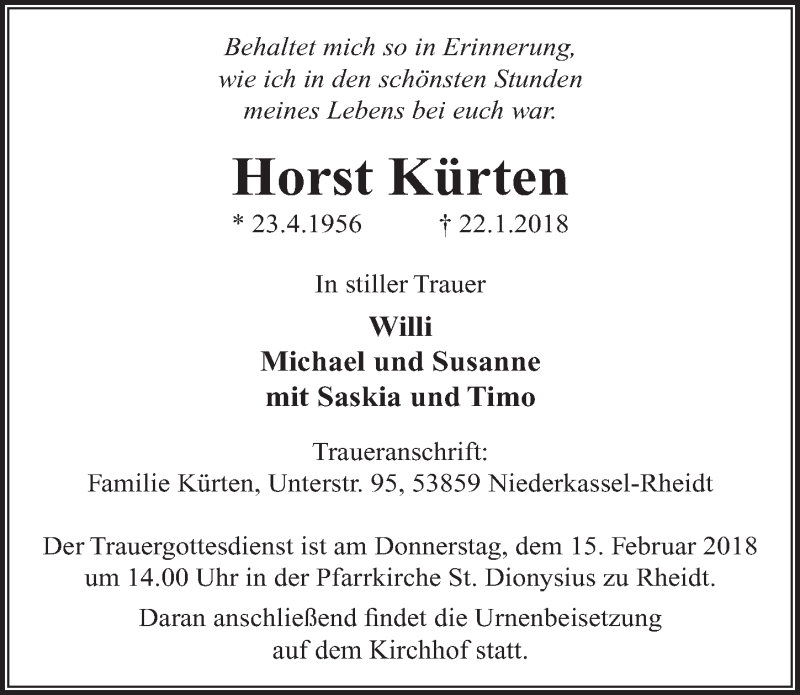  Traueranzeige für Horst Kürten vom 31.01.2018 aus  Extra Blatt 