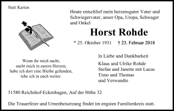 Anzeige von Horst Rohde von Kölner Stadt-Anzeiger / Kölnische Rundschau / Express