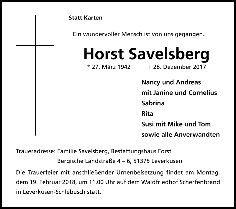  Traueranzeige für Horst Savelsberg vom 10.02.2018 aus Kölner Stadt-Anzeiger / Kölnische Rundschau / Express