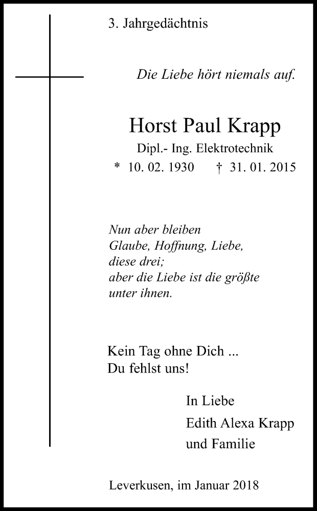  Traueranzeige für Horst Paul Krapp vom 03.02.2018 aus Kölner Stadt-Anzeiger / Kölnische Rundschau / Express