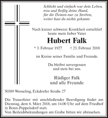Anzeige von Hubert Falk von  Schlossbote/Werbekurier 