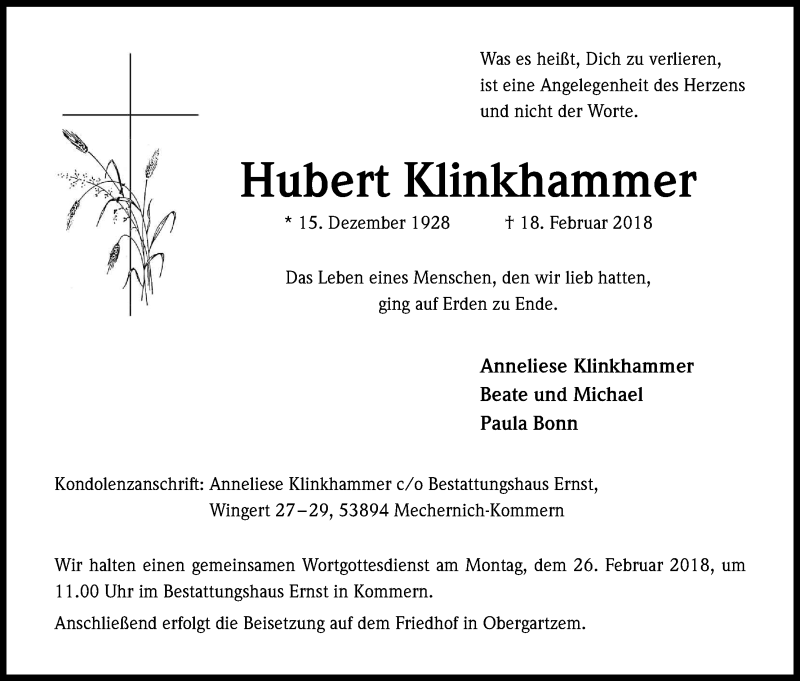  Traueranzeige für Hubert Klinkhammer vom 21.02.2018 aus Kölner Stadt-Anzeiger / Kölnische Rundschau / Express