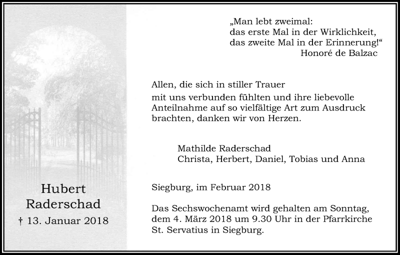  Traueranzeige für Hubert Raderschad vom 17.02.2018 aus Kölner Stadt-Anzeiger / Kölnische Rundschau / Express