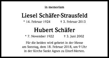 Anzeige von Hubert Schäfer von Kölner Stadt-Anzeiger / Kölnische Rundschau / Express