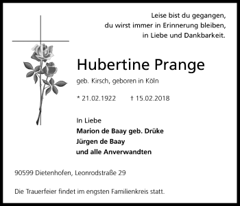 Anzeige von Hubertine Prange von Kölner Stadt-Anzeiger / Kölnische Rundschau / Express