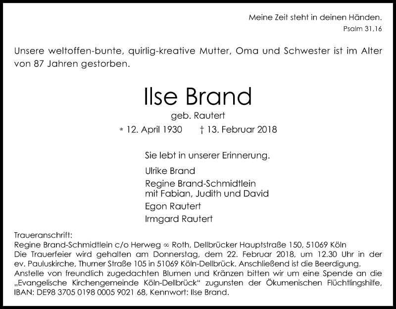  Traueranzeige für Ilse Brand vom 17.02.2018 aus Kölner Stadt-Anzeiger / Kölnische Rundschau / Express