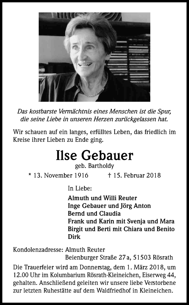  Traueranzeige für Ilse Gebauer vom 24.02.2018 aus Kölner Stadt-Anzeiger / Kölnische Rundschau / Express