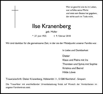 Anzeige von Ilse Kranenberg von Kölner Stadt-Anzeiger / Kölnische Rundschau / Express
