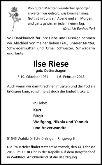 Anzeige von Ilse Riese von Kölner Stadt-Anzeiger / Kölnische Rundschau / Express