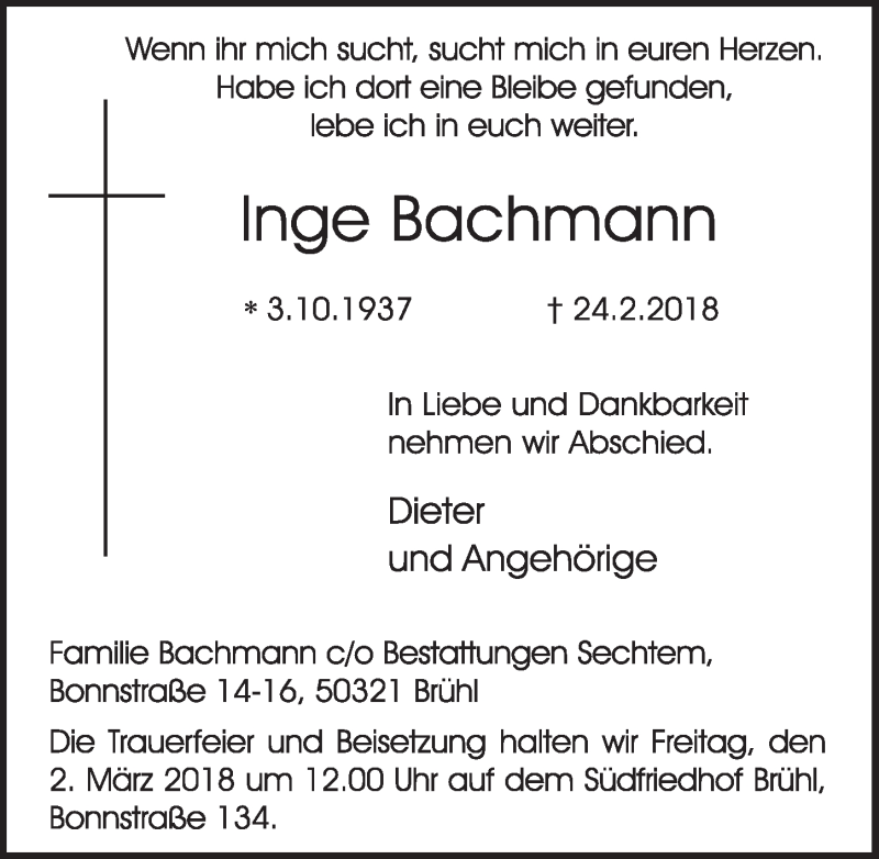  Traueranzeige für Inge Bachmann vom 28.02.2018 aus  Schlossbote/Werbekurier 