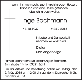 Anzeige von Inge Bachmann von  Schlossbote/Werbekurier 