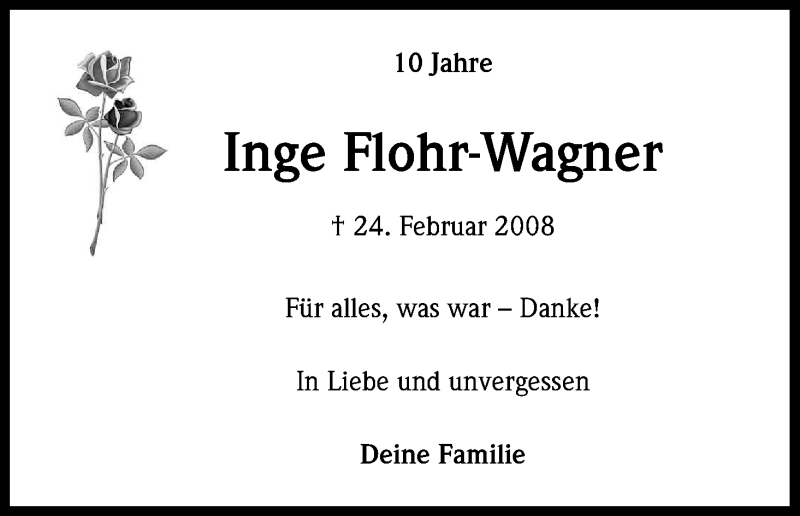  Traueranzeige für Inge Flohr-Wagner vom 24.02.2018 aus Kölner Stadt-Anzeiger / Kölnische Rundschau / Express