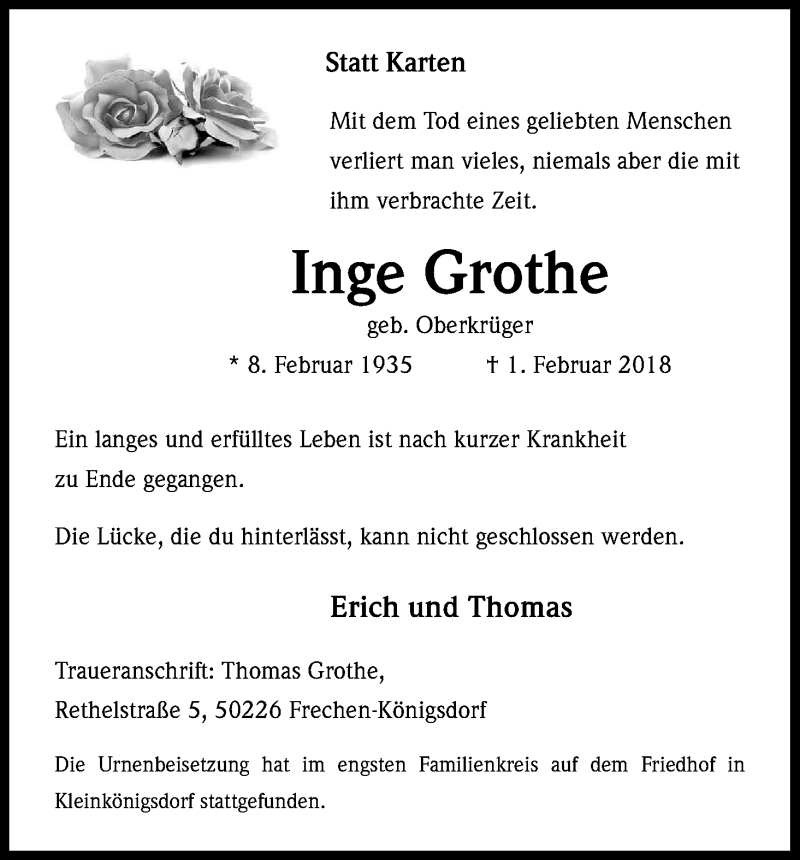  Traueranzeige für Inge Grothe vom 17.02.2018 aus Kölner Stadt-Anzeiger / Kölnische Rundschau / Express