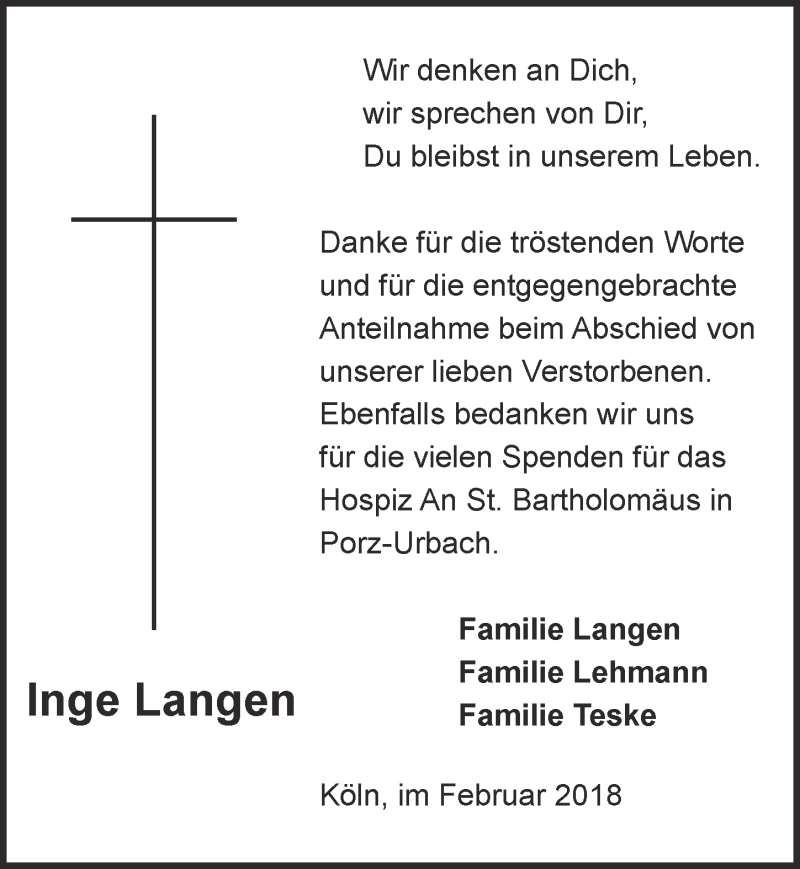  Traueranzeige für Inge Langen vom 21.02.2018 aus  Kölner Wochenspiegel 