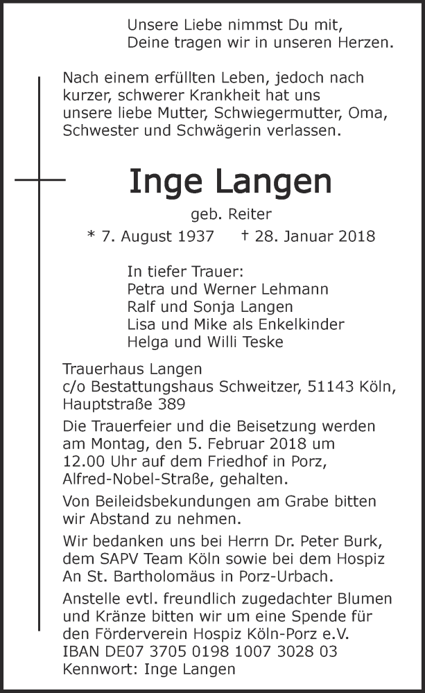  Traueranzeige für Inge Langen vom 31.01.2018 aus  Kölner Wochenspiegel 