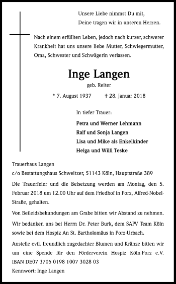 Anzeige von Inge Langen von Kölner Stadt-Anzeiger / Kölnische Rundschau / Express