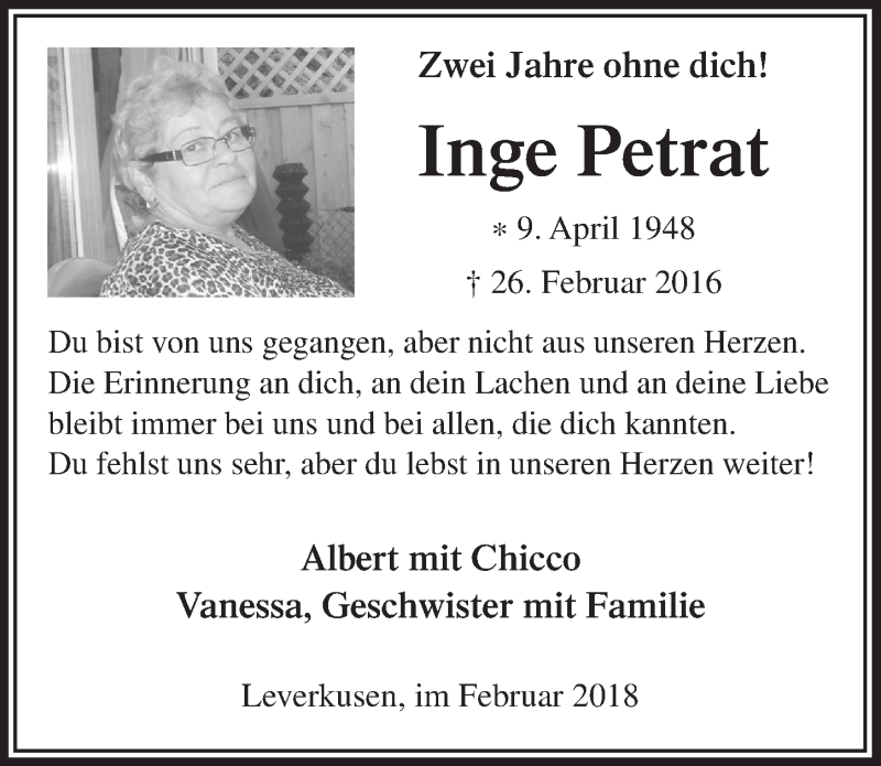  Traueranzeige für Inge Petrat vom 24.02.2018 aus  Leverkusener Wochenende 