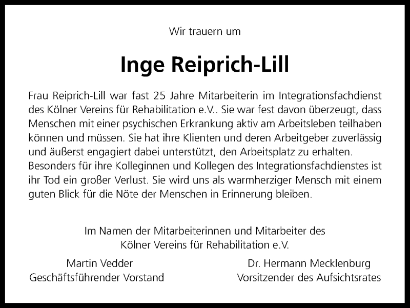  Traueranzeige für Inge Reiprich-Lill vom 22.02.2018 aus Kölner Stadt-Anzeiger / Kölnische Rundschau / Express