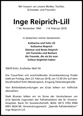 Anzeige von Inge Reiprich-Lill von Kölner Stadt-Anzeiger / Kölnische Rundschau / Express