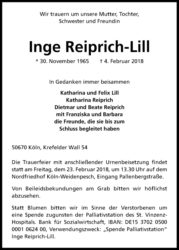  Traueranzeige für Inge Reiprich-Lill vom 17.02.2018 aus Kölner Stadt-Anzeiger / Kölnische Rundschau / Express
