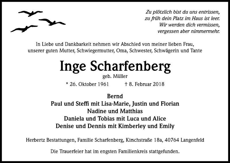  Traueranzeige für Inge Scharfenberg vom 24.02.2018 aus Kölner Stadt-Anzeiger / Kölnische Rundschau / Express