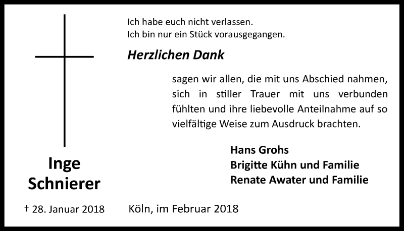  Traueranzeige für Inge Schnierer vom 28.02.2018 aus  Kölner Wochenspiegel 