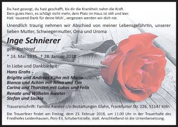 Anzeige von Inge Schnierer von  Kölner Wochenspiegel 